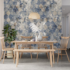 Custom Vintage Distressed Blue and White Floral Tile Wallpaper