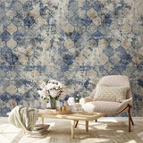 Vintage Distressed Blue and White Floral Tile Wallpaper