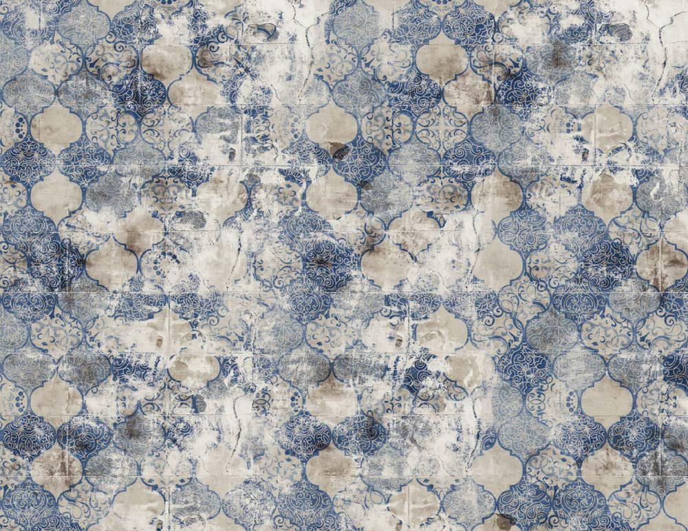 Vintage Distressed Blue and White Floral Tile Wallpaper