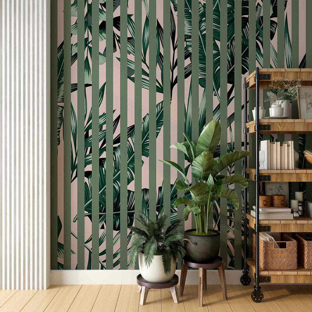 Botanical Wallpaper Green Lines Plant Motifs Palm Leaf Tropical Wall Mural