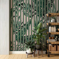 Custom Botanical Wallpaper Green Lines Plant Motifs Palm Leaf Tropical Wall Mural