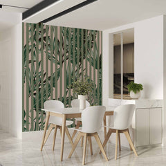 Custom Botanical Wallpaper Green Lines Plant Motifs Palm Leaf Tropical Wall Mural