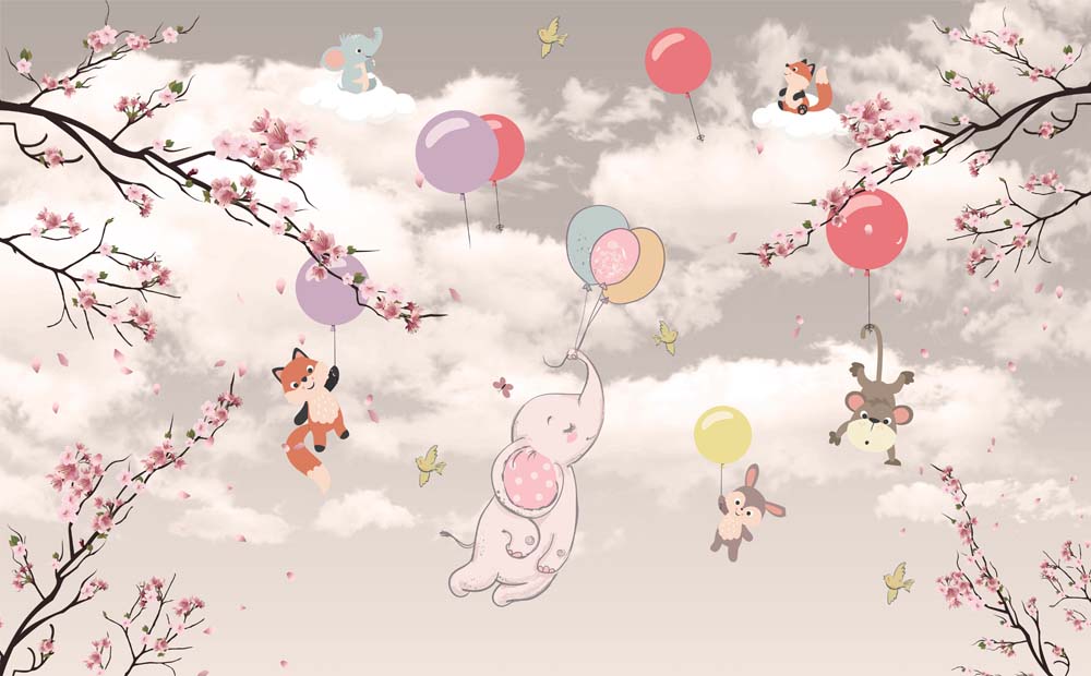 Kids Wall Murals Pink Clouds Air Balloon Flying  Animals Blossom Branch Wallpaper for Kids