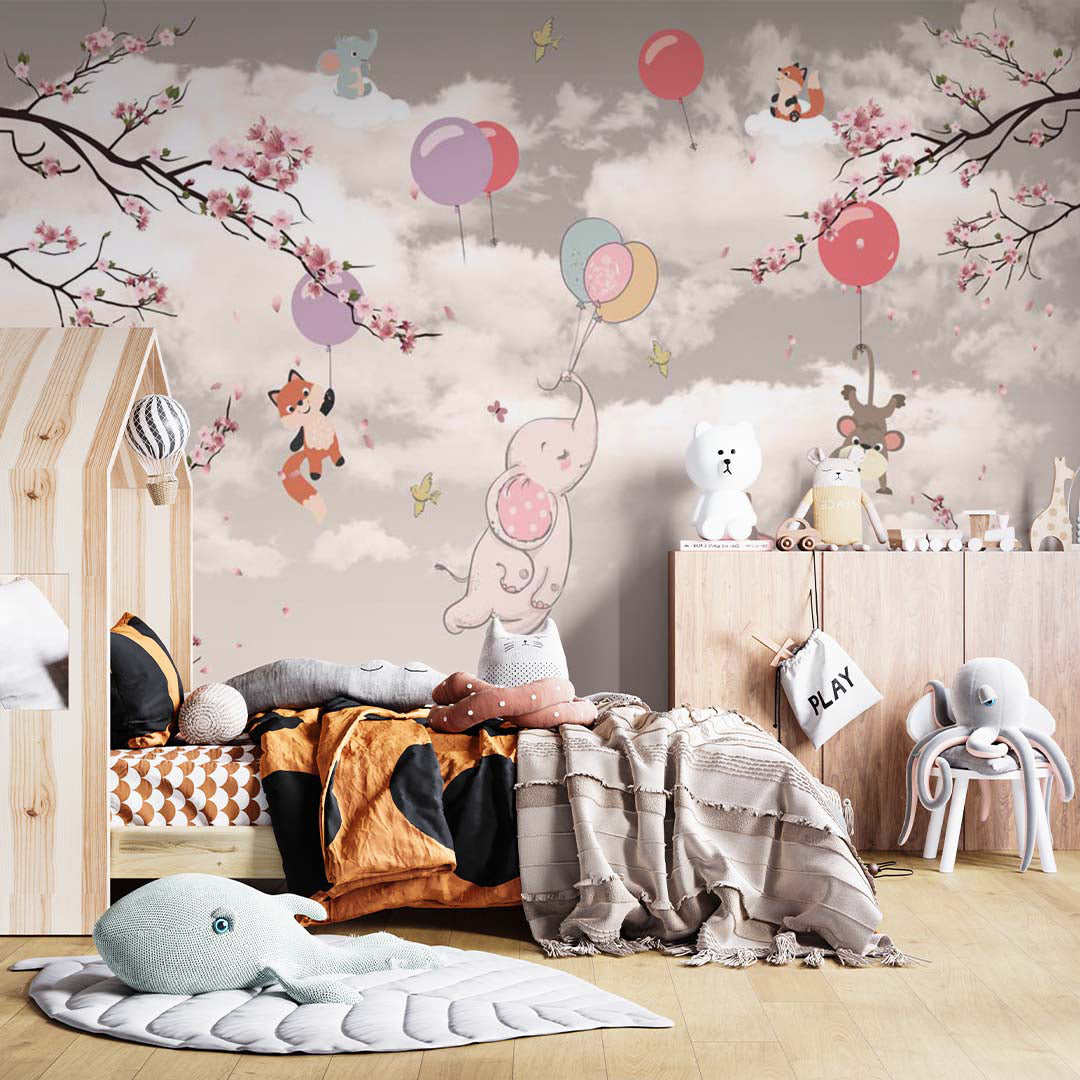 Kids Wall Murals Pink Clouds Air Balloon Flying  Animals Blossom Branch Wallpaper for Kids