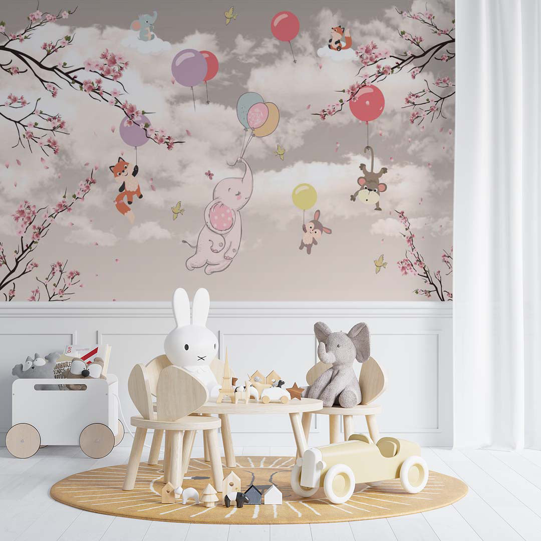 Kids Wall Murals Pink Clouds Air Balloon Flying  Animals Blossom Branch Wallpaper for Kids