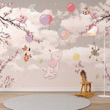 Kids Wall Murals Pink Clouds Air Balloon Flying  Animals Blossom Branch Wallpaper for Kids