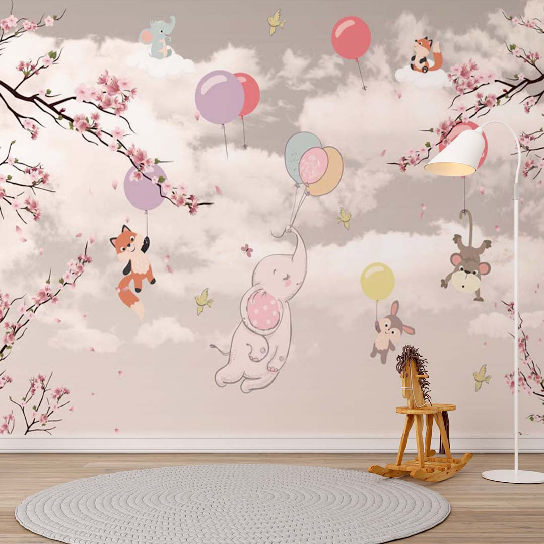 Custom Kids Wall Murals Pink Clouds Air Balloon Flying  Animals Blossom Branch Wallpaper for Kids