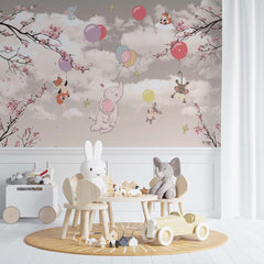 Custom Kids Wall Murals Pink Clouds Air Balloon Flying  Animals Blossom Branch Wallpaper for Kids