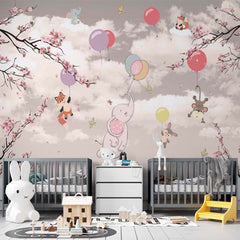 Custom Kids Wall Murals Pink Clouds Air Balloon Flying  Animals Blossom Branch Wallpaper for Kids