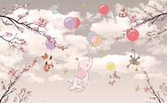 Custom Kids Wall Murals Pink Clouds Air Balloon Flying  Animals Blossom Branch Wallpaper for Kids