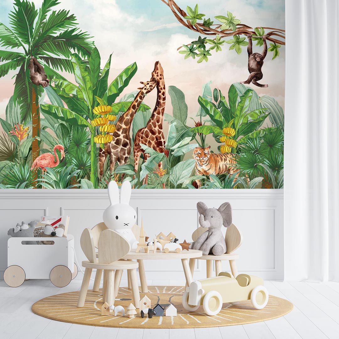 Custom Kids Wall Mural Safari Animals Tropical Jungle Palm Wallpaper for Kids Room