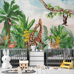 Custom Kids Wall Mural Safari Animals Tropical Jungle Palm Wallpaper for Kids Room