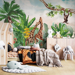 Custom Kids Wall Mural Safari Animals Tropical Jungle Palm Wallpaper for Kids Room