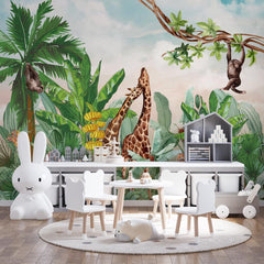 Custom Kids Wall Mural Safari Animals Tropical Jungle Palm Wallpaper for Kids Room