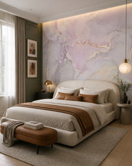 Pink and gold marble wallpaper in a designer bedroom.