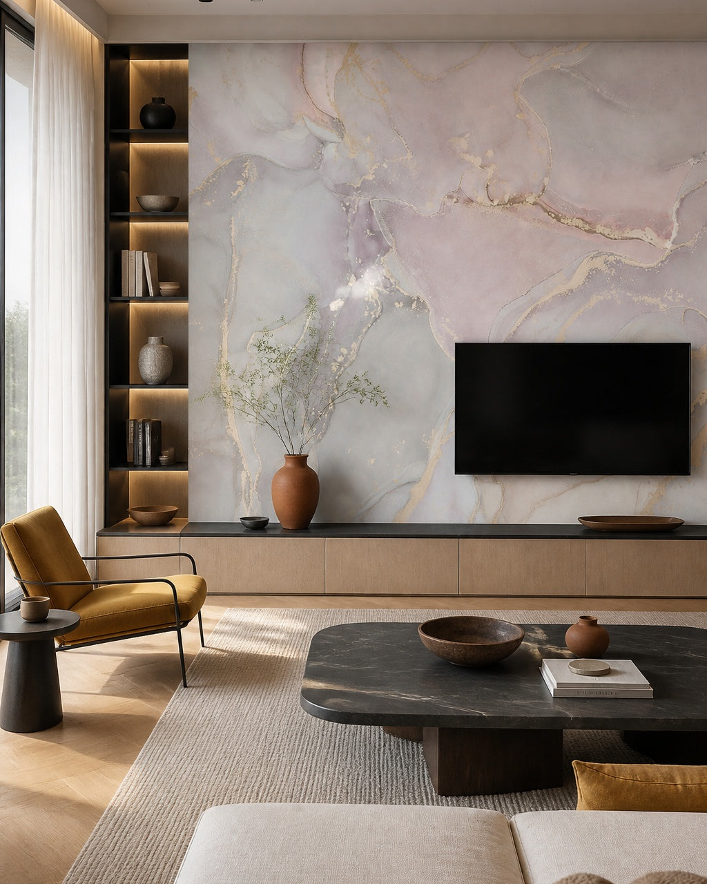 Pink and gold marble wallpaper in a designer living room.