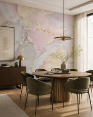 Pink and gold marble wallpaper in a refined dining area.