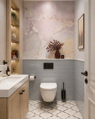 Pink and gold marble wallpaper in a luxury bathroom.