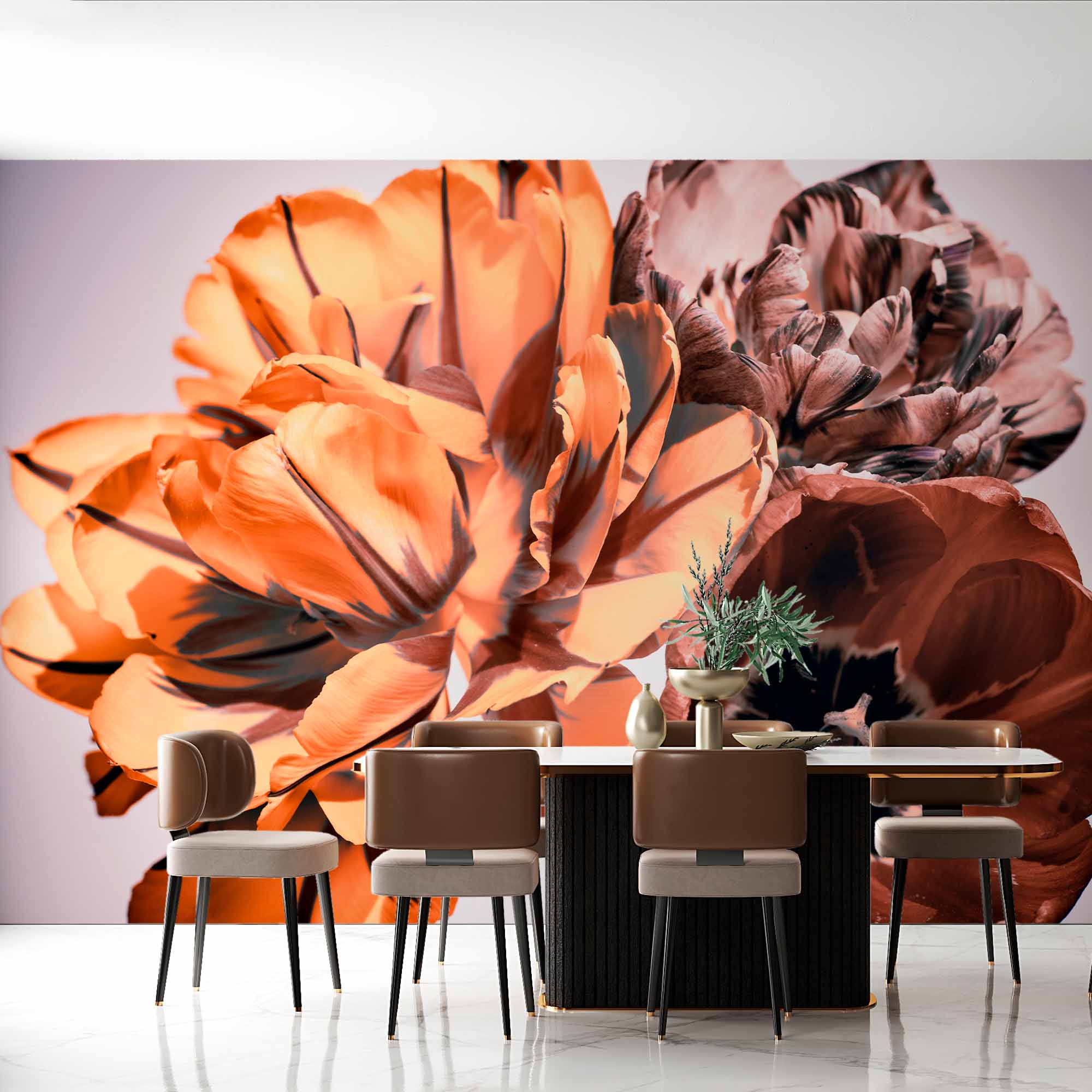 Bold Orange and Brown Tulip Wall Mural - Striking Floral Design on Soft Gradient Background