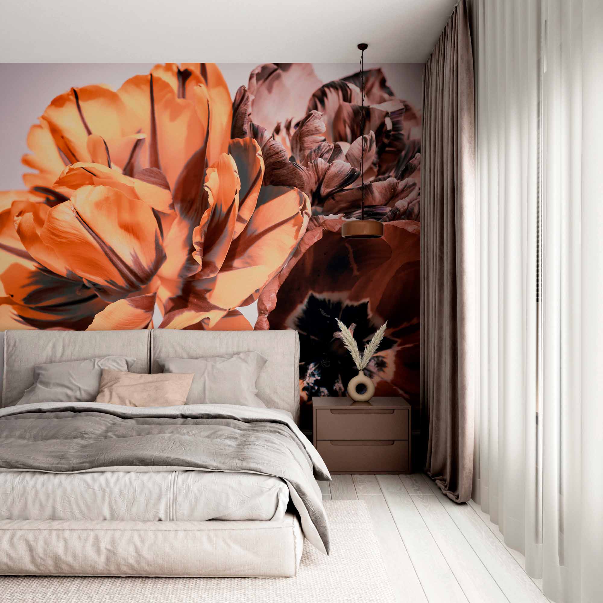 Bold Orange and Brown Tulip Wall Mural - Striking Floral Design on Soft Gradient Background