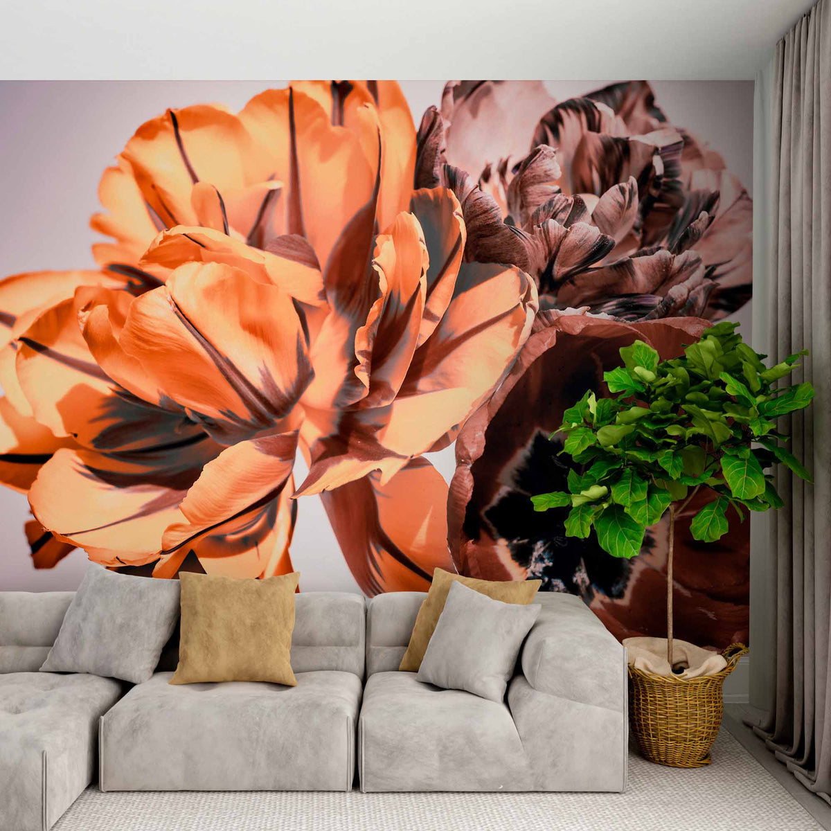 Custom Bold Orange and Brown Tulip Wall Mural - Striking Floral Design on Soft Gradient Background