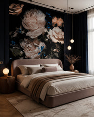Dark roses and peonies wallpaper in a designer bedroom.