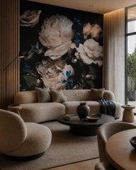 Dark roses and peonies wallpaper in a designer living room.