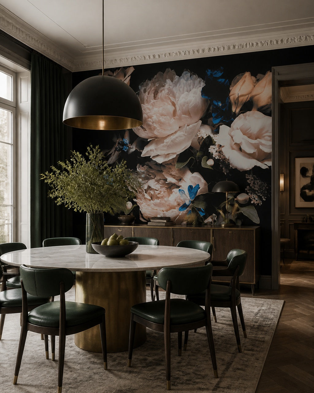 Dark roses and peonies wallpaper in a refined dining area.