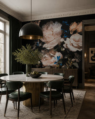 Dark roses and peonies wallpaper in a refined dining area.