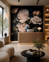 Dark roses and peonies wallpaper in a design showroom.