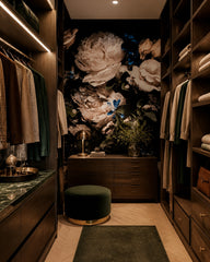 Dark roses and peonies wallpaper in a walk-in wardrobe.