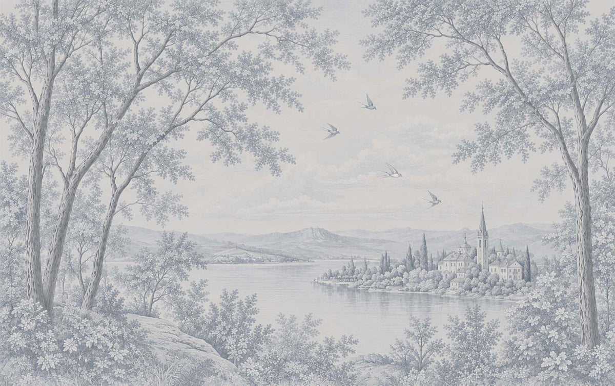 Tapete Blaue Toile-Landschaft – See, Bäume und ferne Stadt, Wandbild