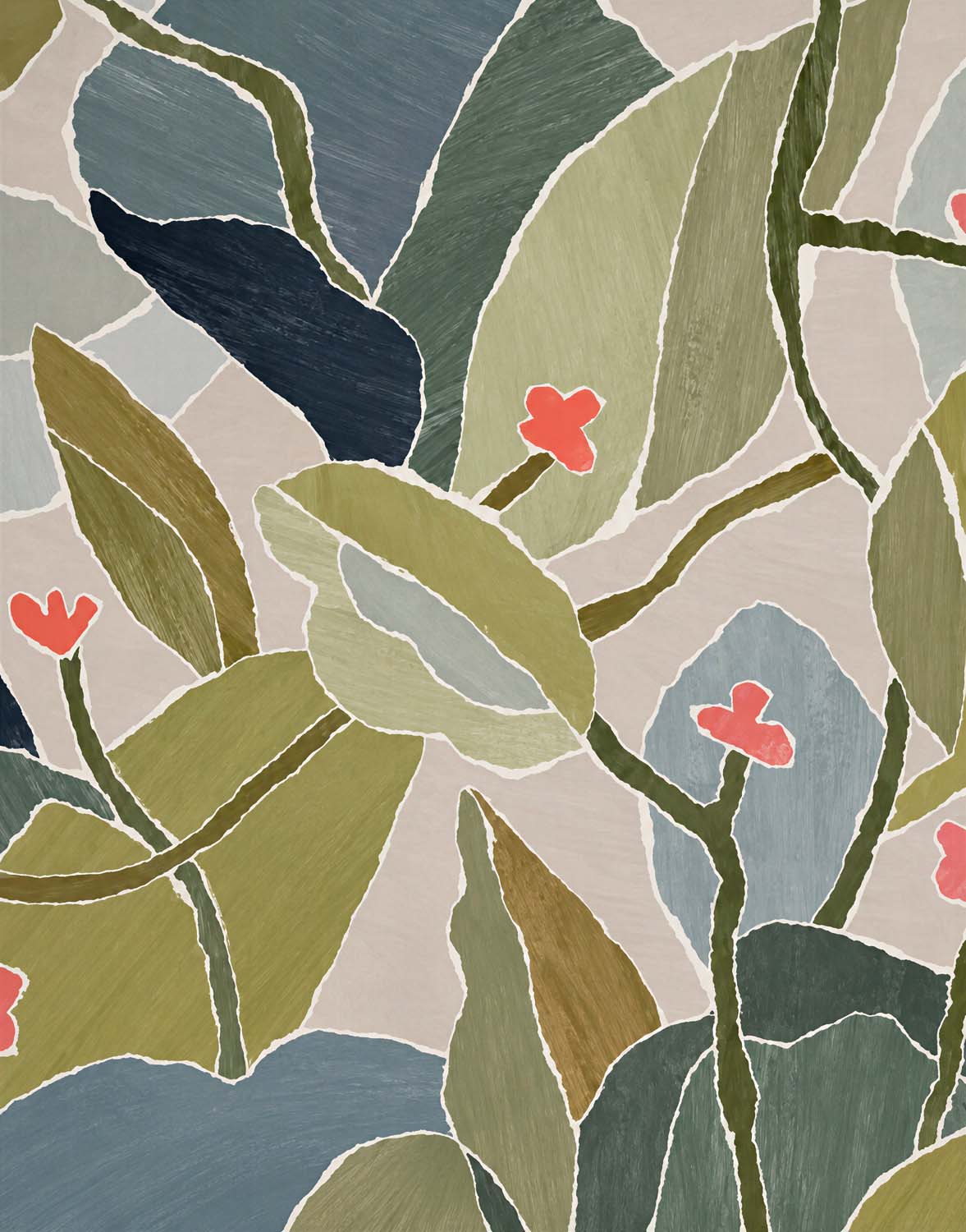 Groene botanische bladeren behang – glas-in-lood stijl bladeren met rode bloemen