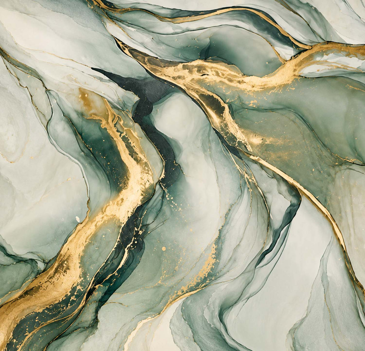 Tapete Grün-Gold-Marmor – Salbei und Smaragd als fließende Tusche, Wandbild
