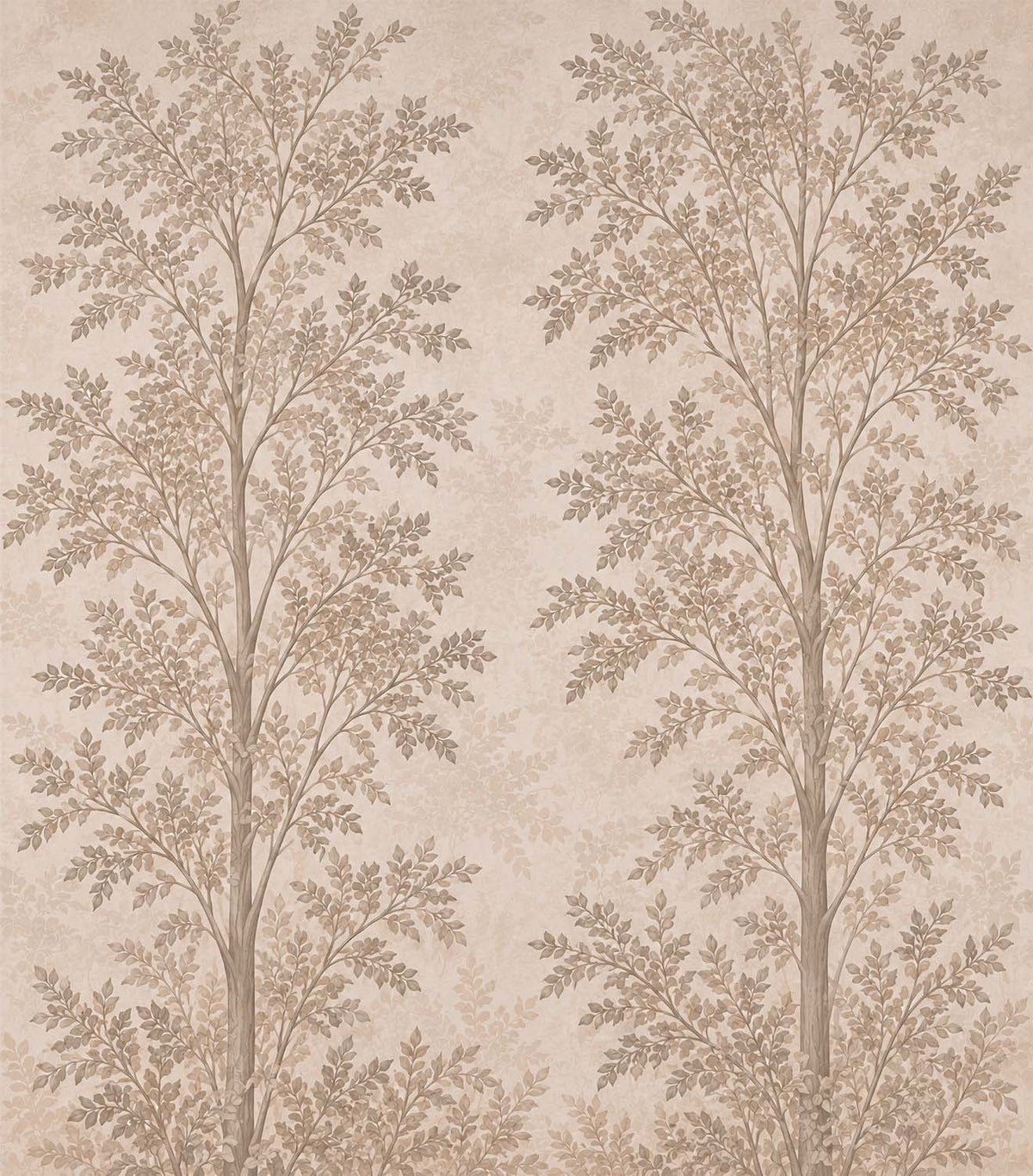 Papier peint motif d’arbres beige – Panoramique délicats arbres feuillus sur plâtre