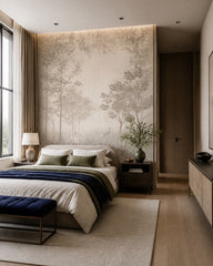 Neutral misty forest wallpaper in a designer bedroom.