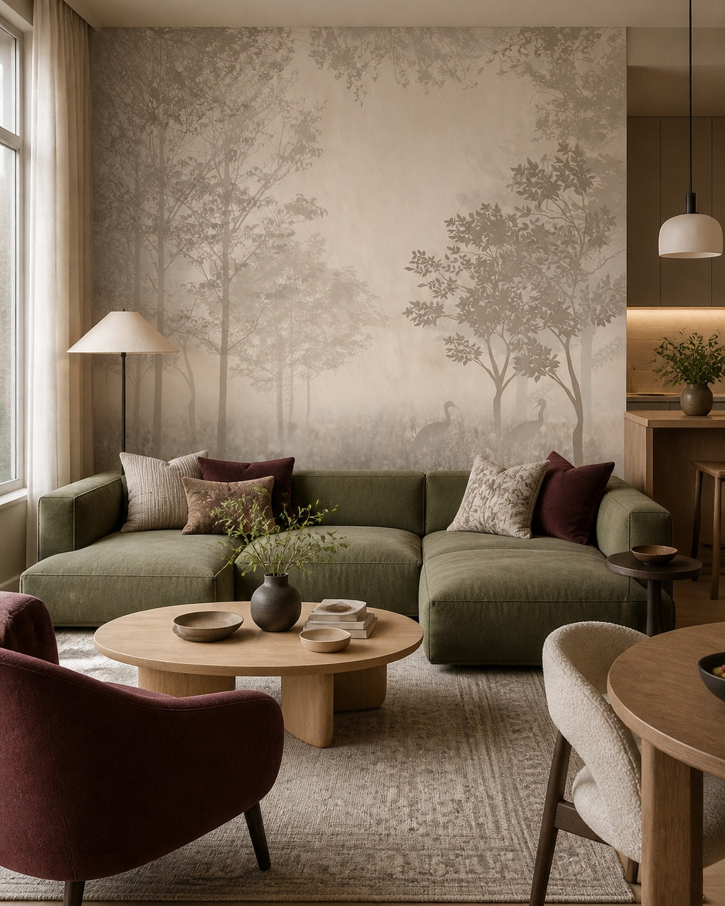 Neutral misty forest wallpaper in a designer living room.