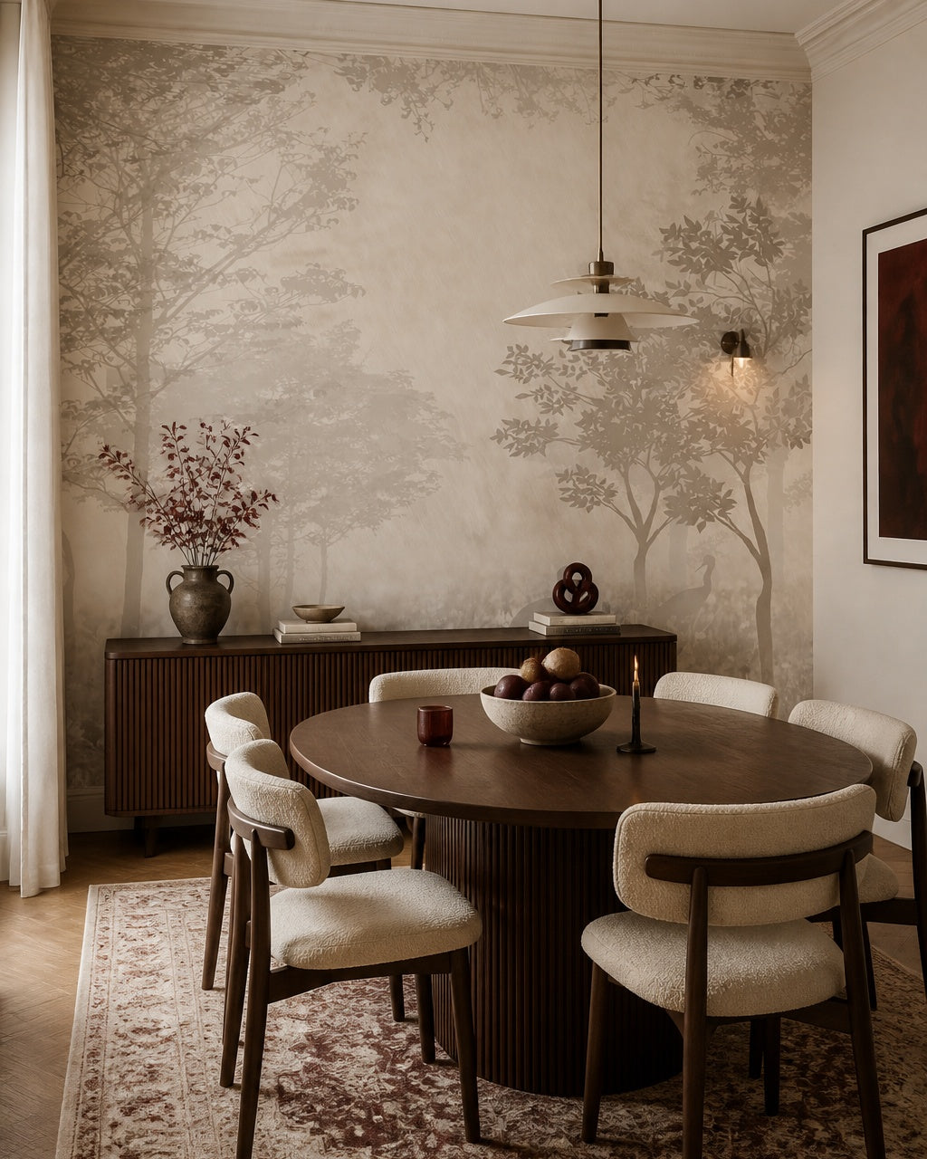 Neutral misty forest wallpaper in a refined dining area.