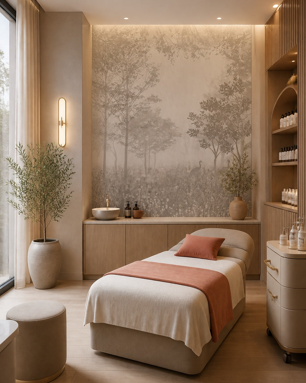 Neutral misty forest wallpaper in a beauty salon.