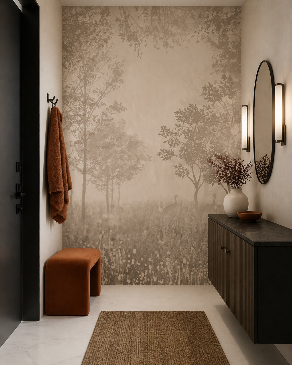 Neutral misty forest wallpaper in a designer entrance hall.