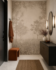 Neutral misty forest wallpaper in a designer entrance hall.