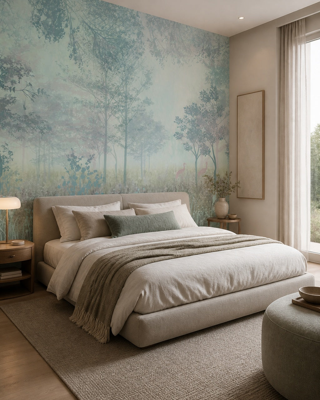 Misty forest fresco wallpaper in a designer bedroom.