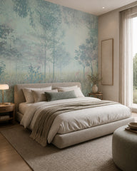 Misty forest fresco wallpaper in a designer bedroom.