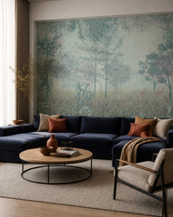 Misty forest fresco wallpaper in a designer living room.