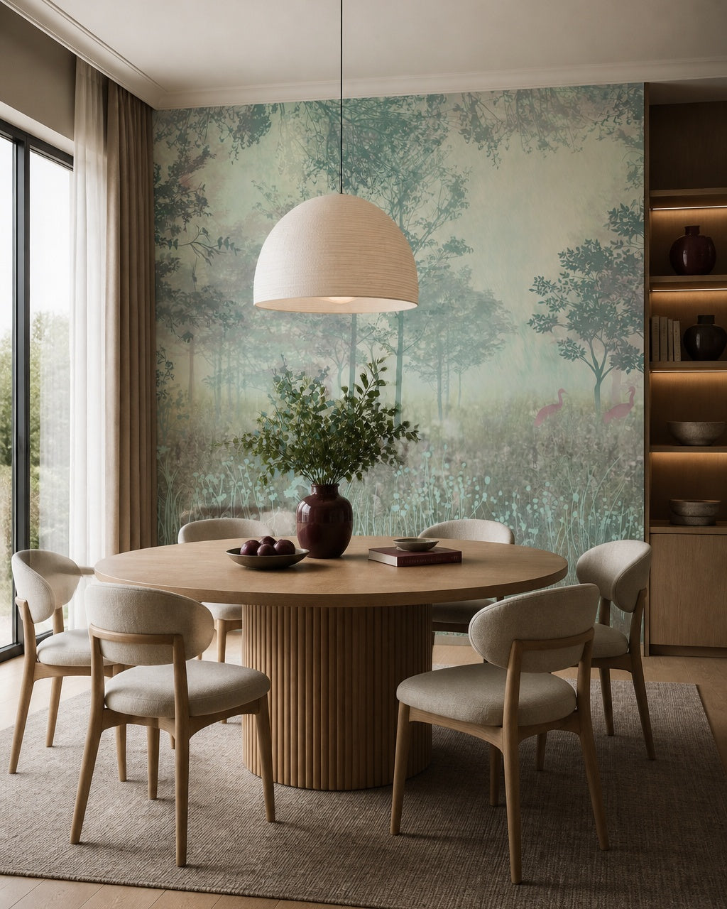 Misty forest fresco wallpaper in a refined dining area.