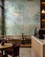 Misty forest fresco wallpaper in a specialty coffee shop.