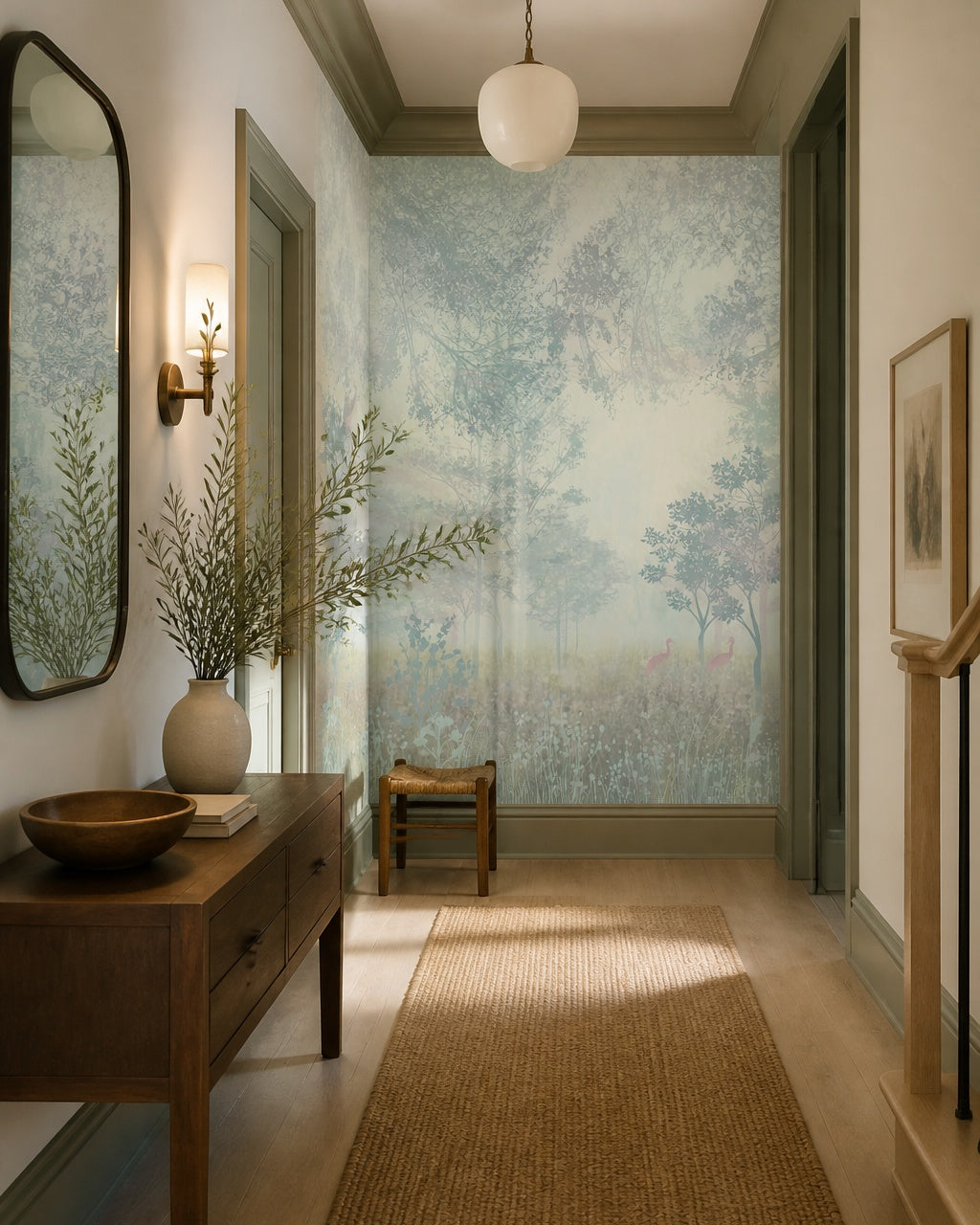 Misty forest fresco wallpaper in an architectural hallway.