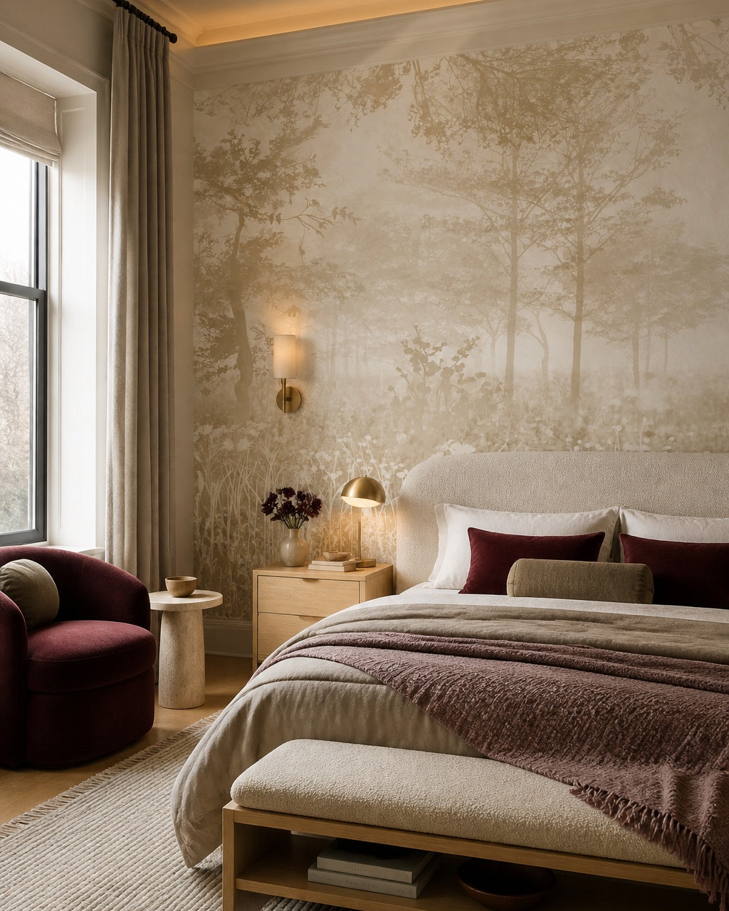 Neutral misty trees wallpaper in a designer bedroom.