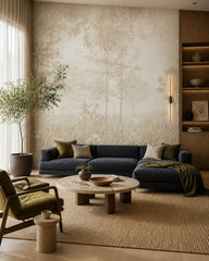 Neutral misty trees wallpaper in a designer living room.