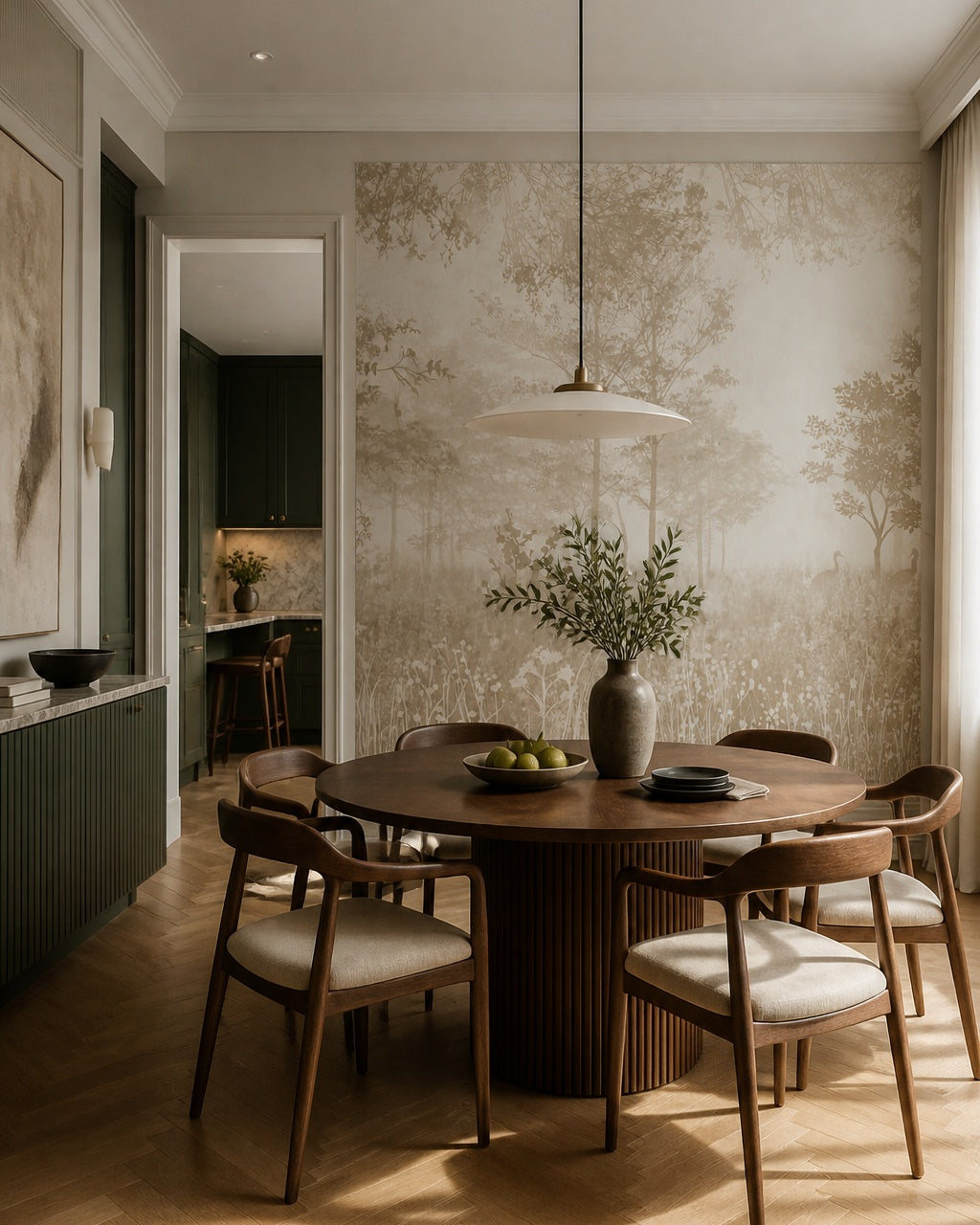 Neutral misty trees wallpaper in a refined dining area.